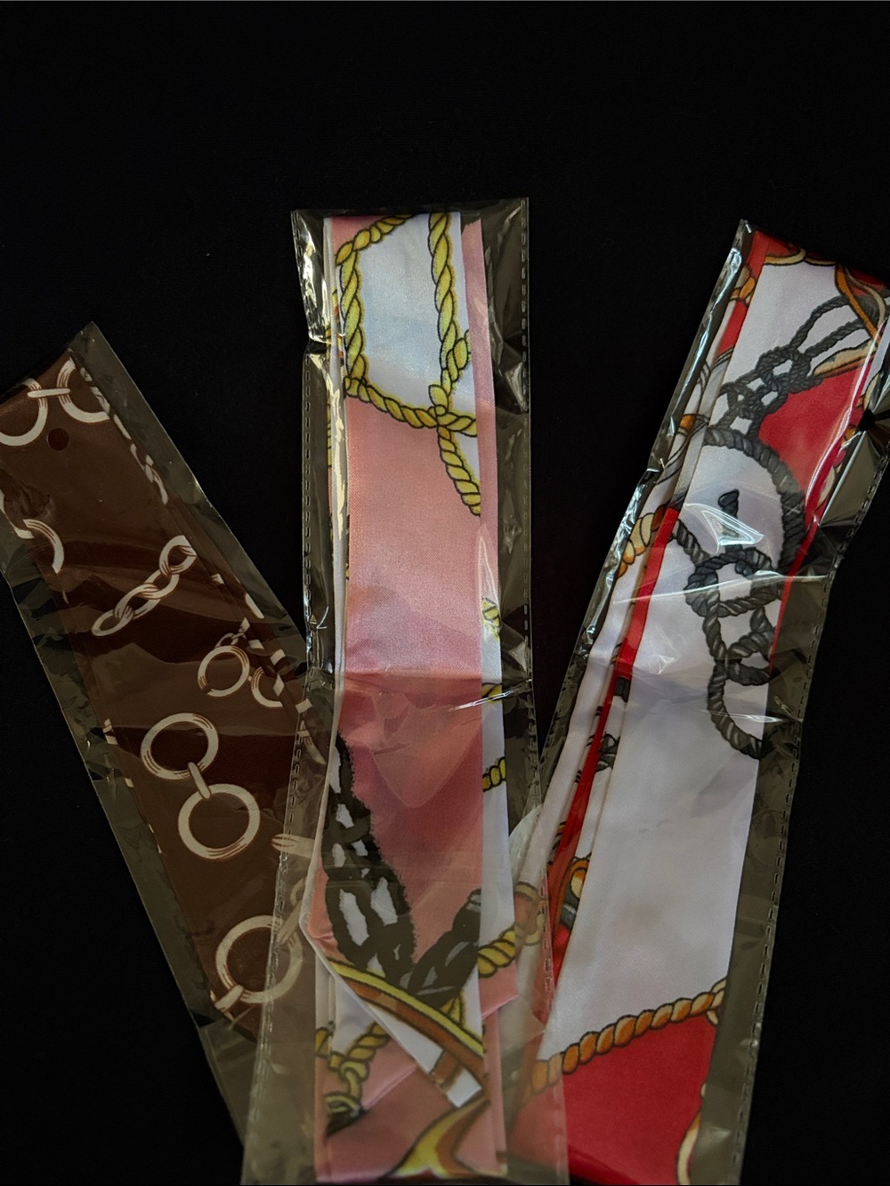 Lot of 3 Elegant Rope-Print Satin Twilly Scarf - Pink, Red, Brown